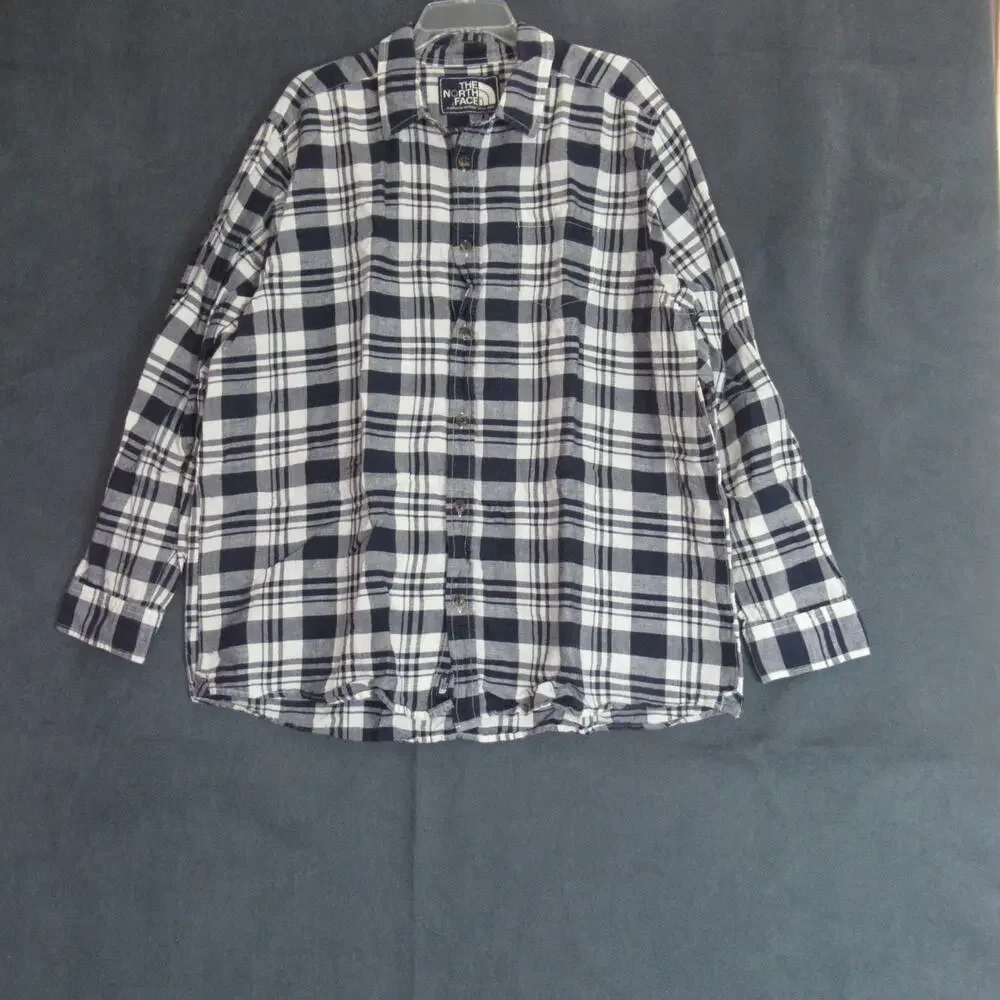 The North Face Shirt Mens XXL Blue Cream Plaid Long Sleeve Linen Blend Cabincore